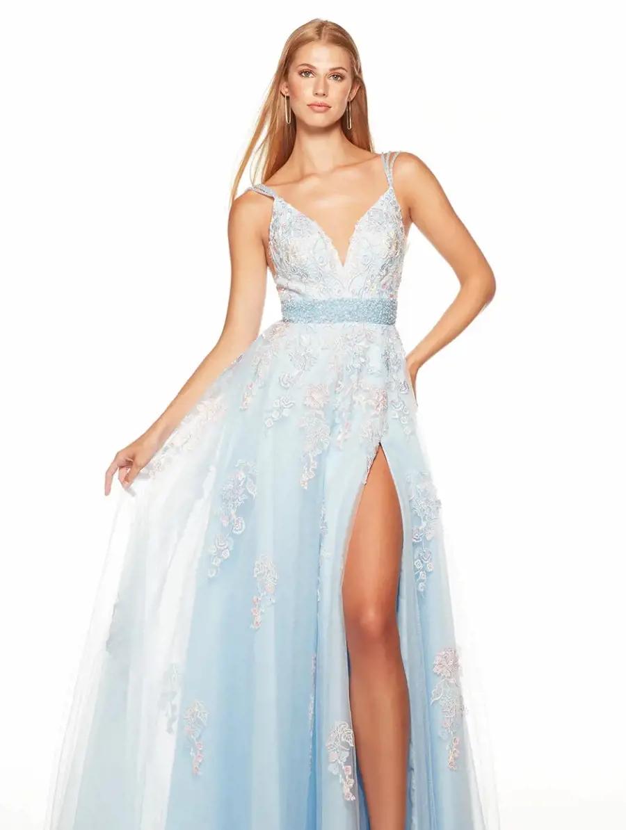 Model wearing a Alyce Paris prom dress